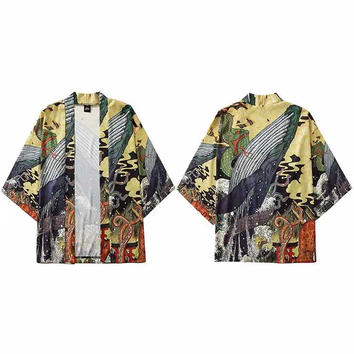 Japanese Ukiyo-E Whale and Wave Printed Kimono