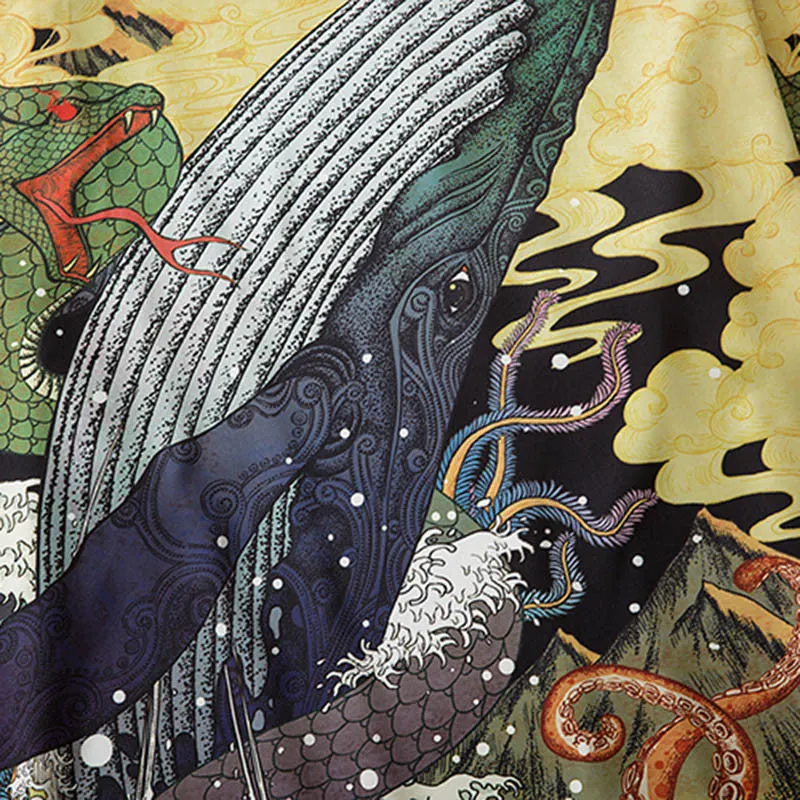 Japanese Ukiyo-E Whale and Wave Printed Kimono