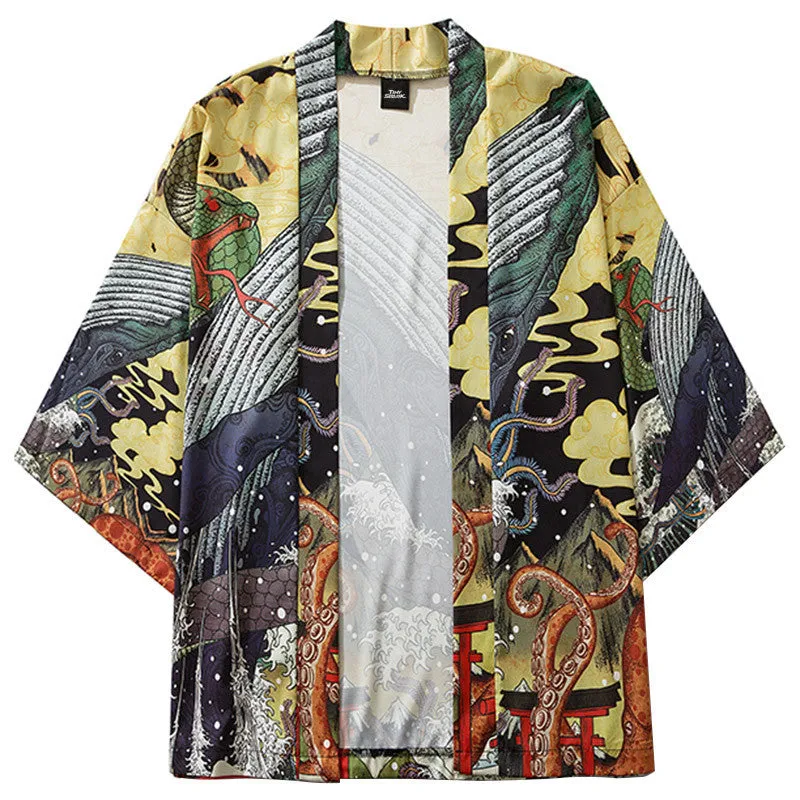 Japanese Ukiyo-E Whale and Wave Printed Kimono
