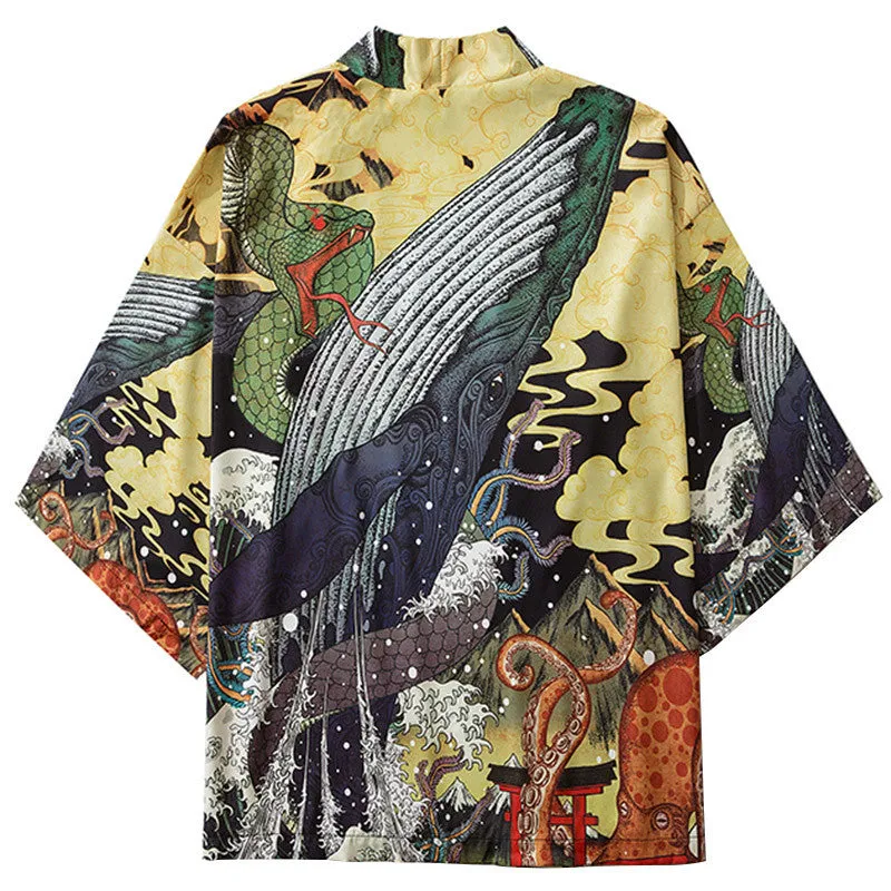 Japanese Ukiyo-E Whale and Wave Printed Kimono