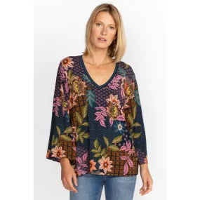 Johnny Was Delfino V Neck Kimono Sleeve Tee Flowers Blue Top Floral Shirt New