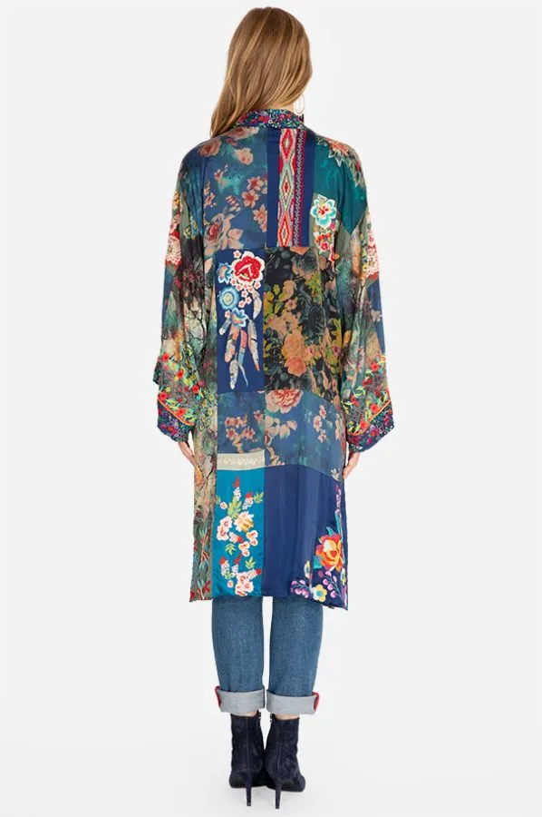 Johnny Was Hazel Kimono Long Silk Blue Multi Color XLarge Embroidery Hobo New