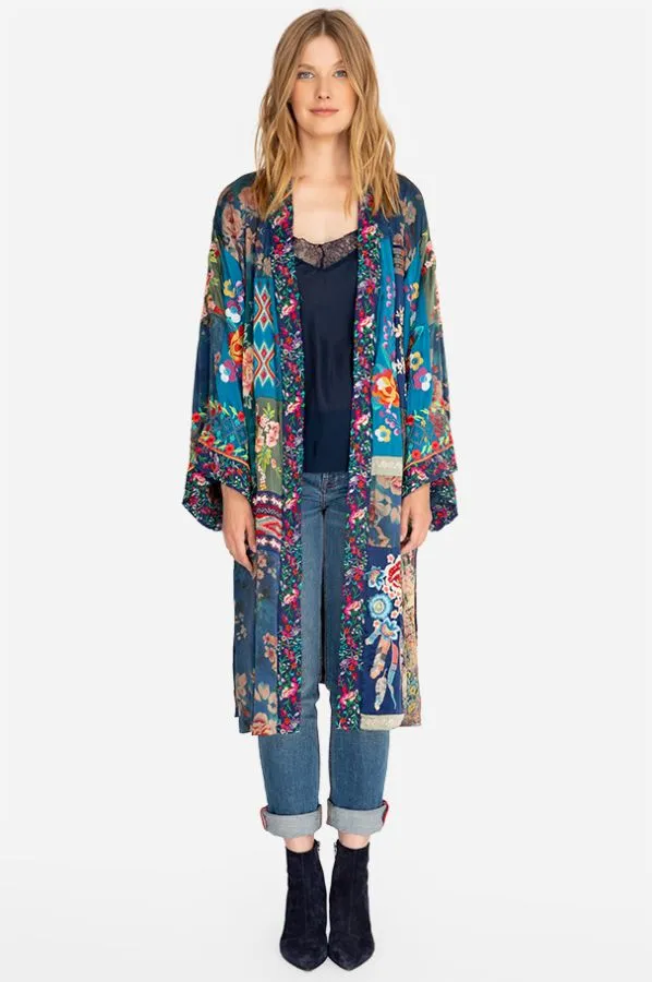 Johnny Was Hazel Kimono Long Silk Blue Multi Color XLarge Embroidery Hobo New