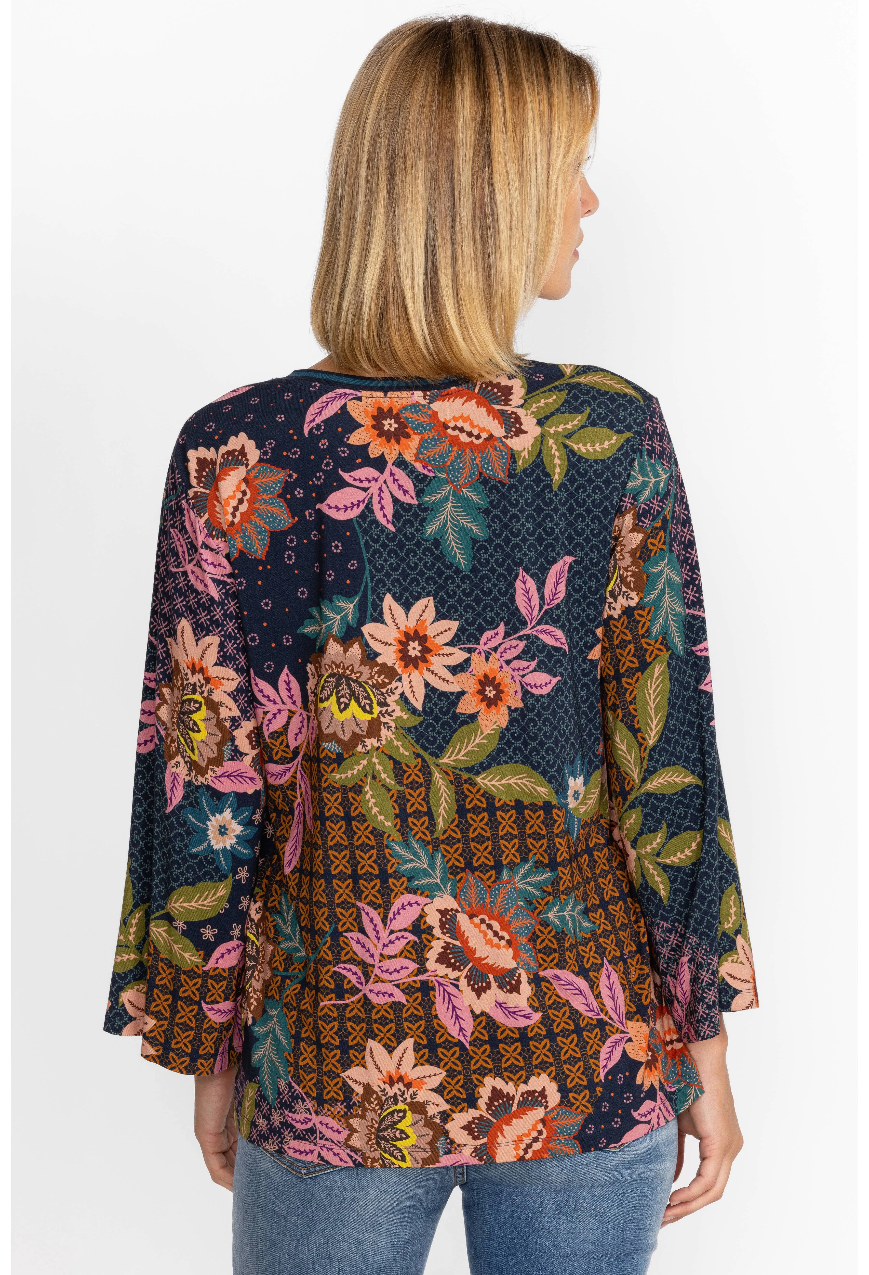 Johnny Was Plus Delfino V Neck Kimono Sleeve Tee Floral Blue Top Shirt Flower New