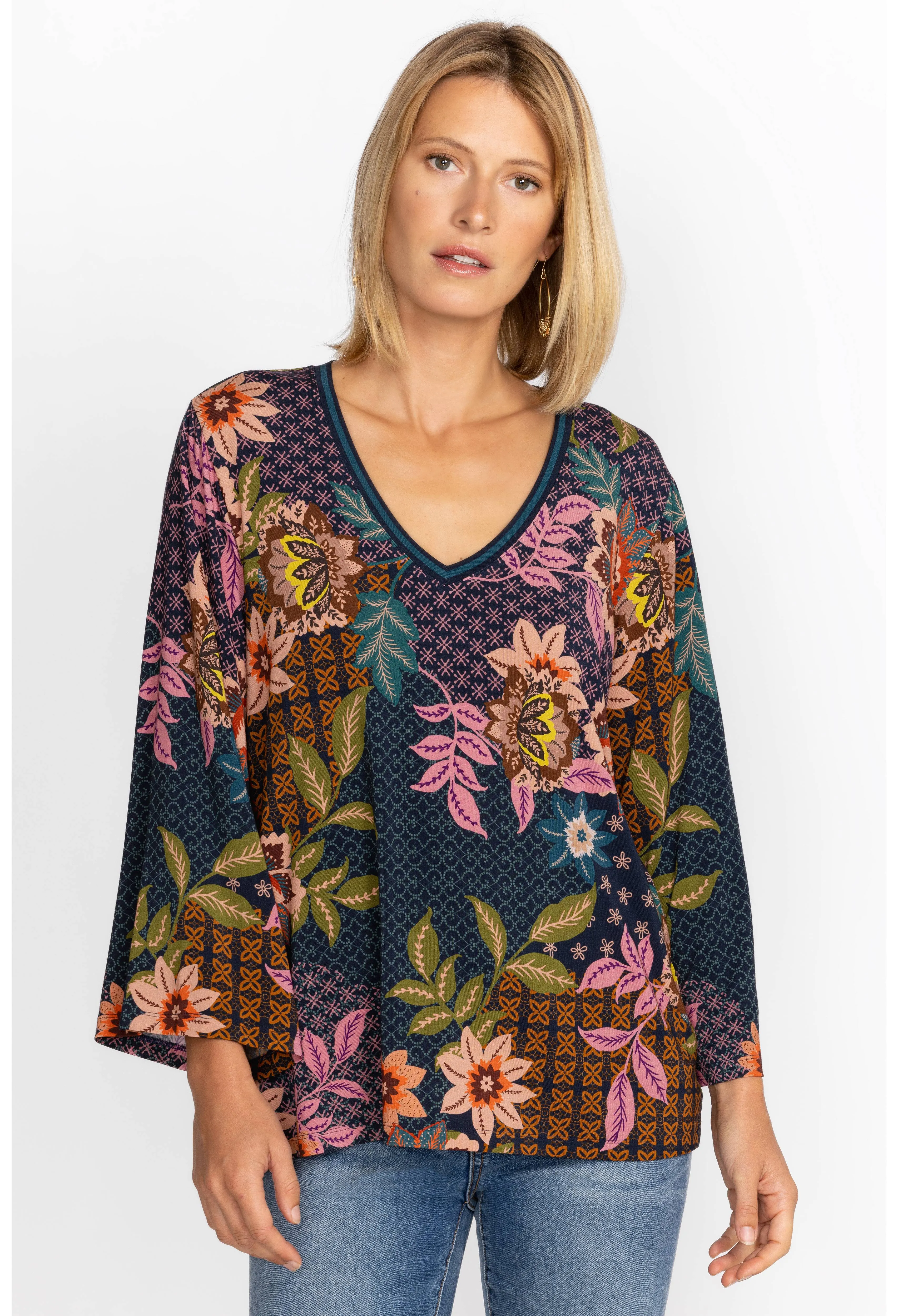 Johnny Was Plus Delfino V Neck Kimono Sleeve Tee Floral Blue Top Shirt Flower New