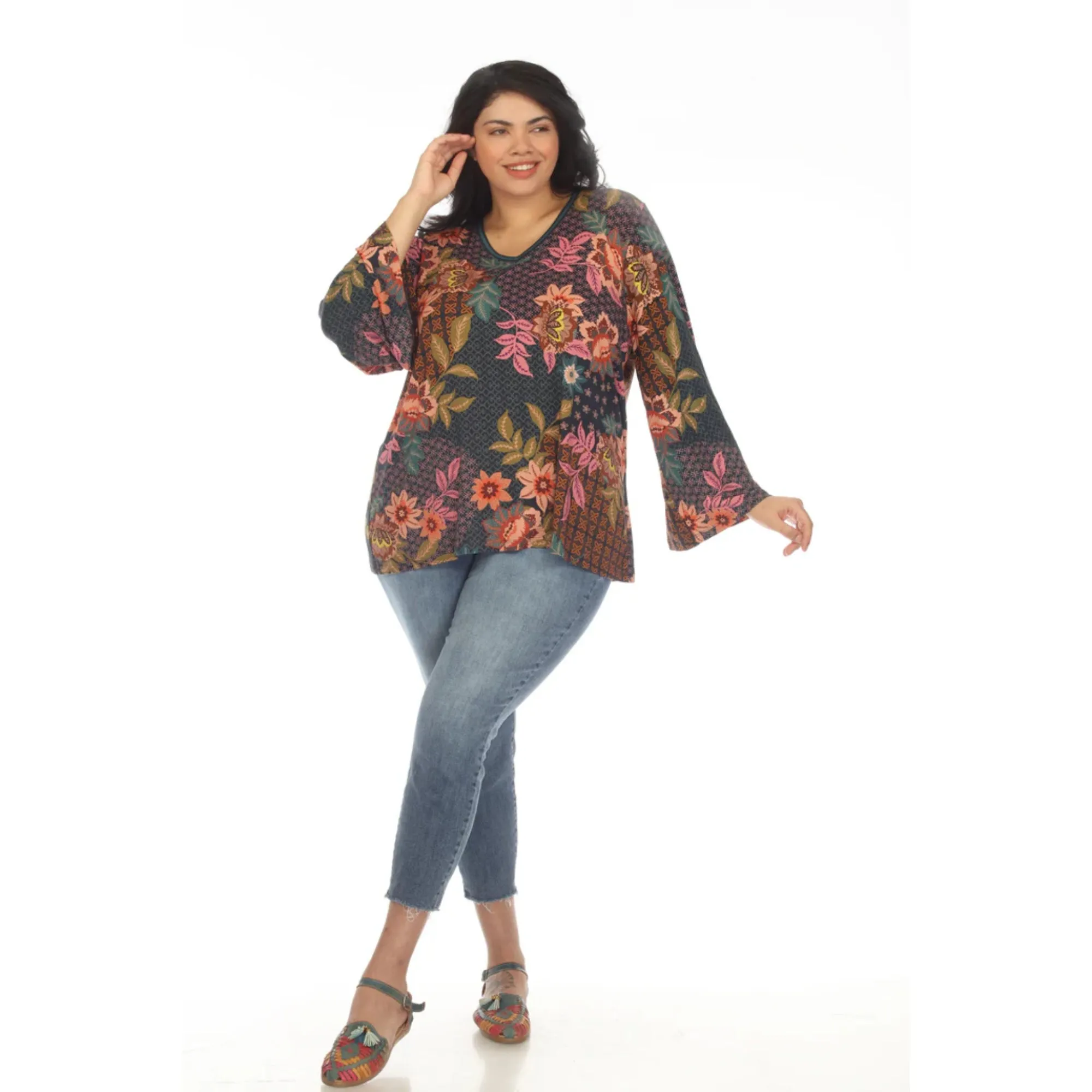 Johnny Was Plus Delfino V Neck Kimono Sleeve Tee Floral Blue Top Shirt Flower New