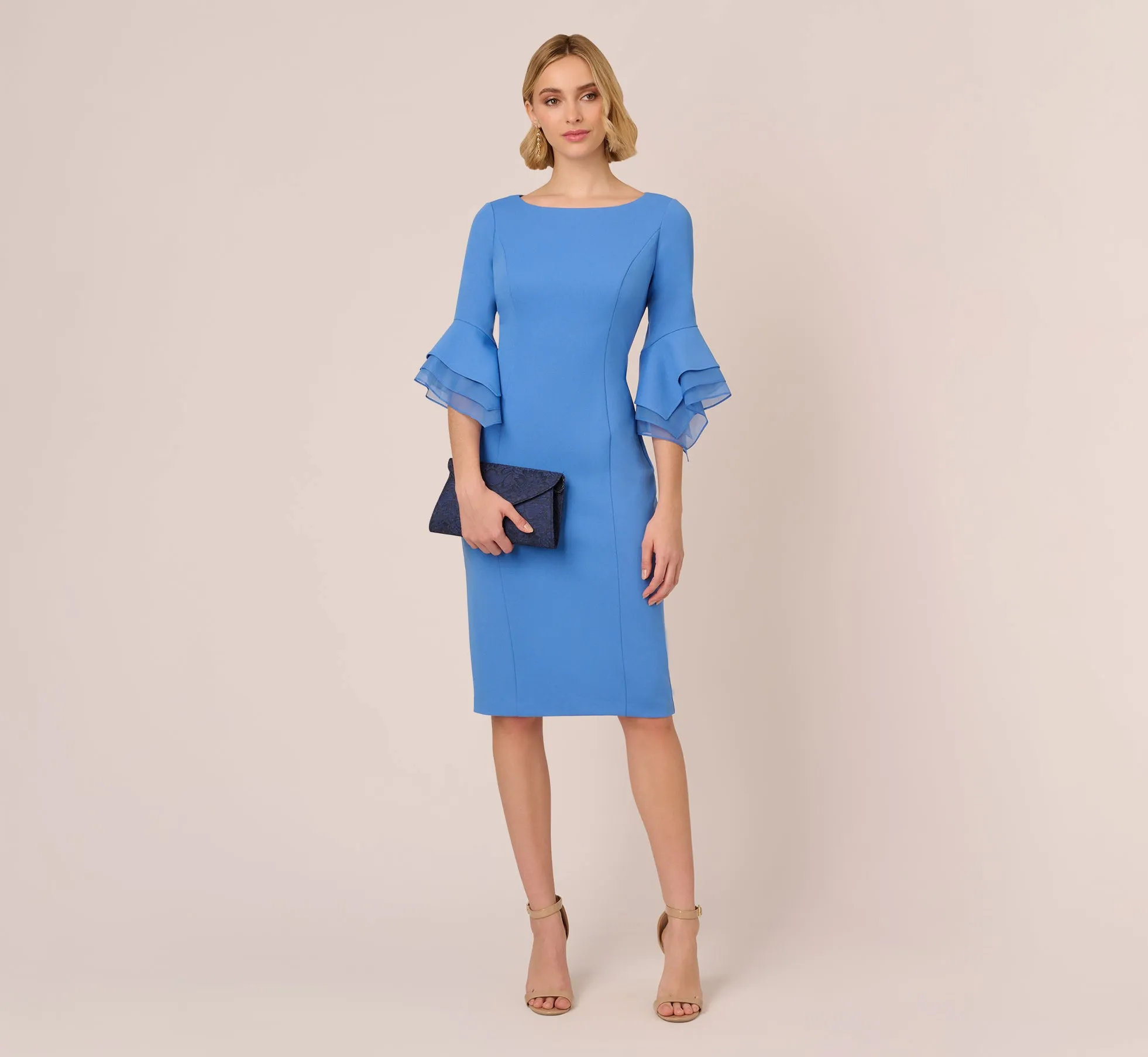 Knit Crepe Sheath Dress With Tiered Three Quarter Sleeves In Cool Water