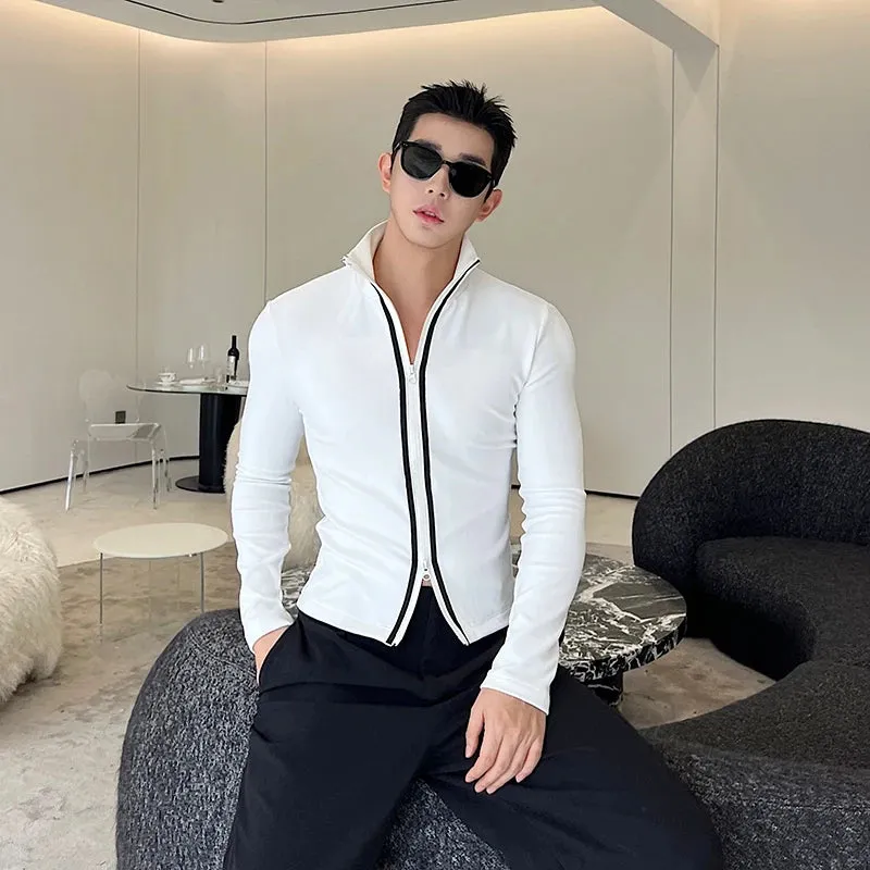 Korean Style Long Sleeve T-shirt Fashion Men's Clothing Versatile Double Zipper High Collar Cardigan Elgance Male 9C2954