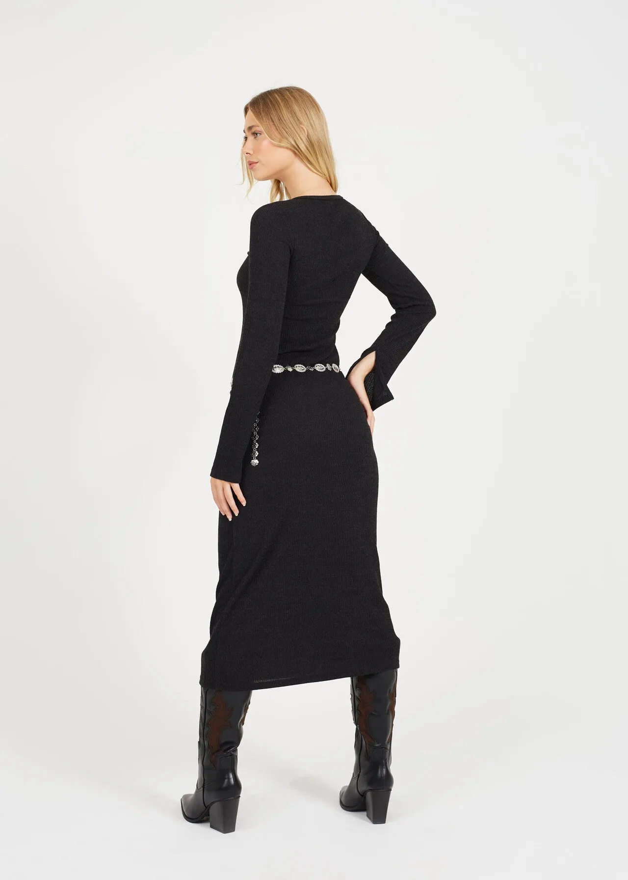 LONG SLEEVE CREW NECK MAXI DRESS WITH ALL OVER RIB, BLACK
