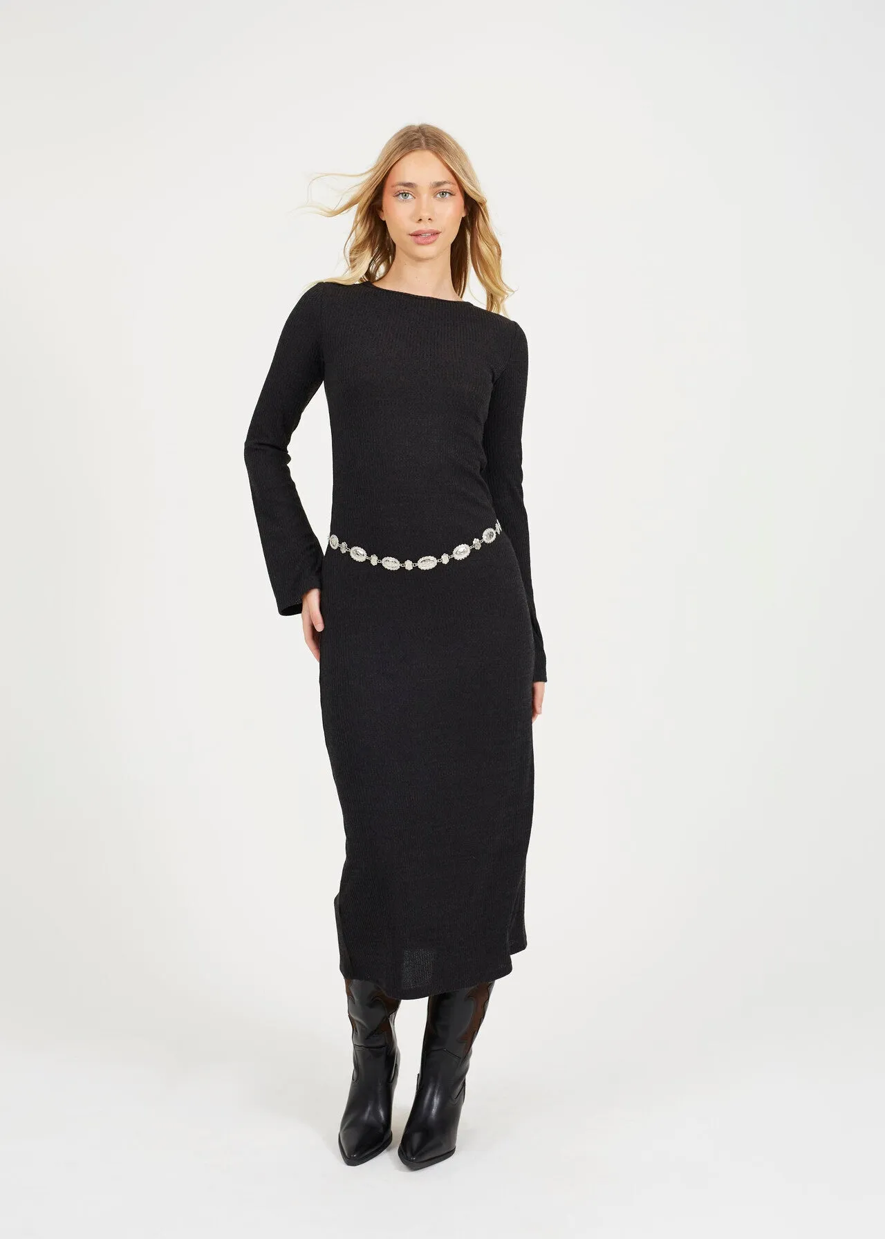 LONG SLEEVE CREW NECK MAXI DRESS WITH ALL OVER RIB, BLACK