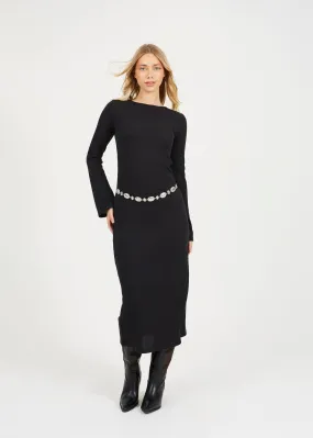 LONG SLEEVE CREW NECK MAXI DRESS WITH ALL OVER RIB, BLACK