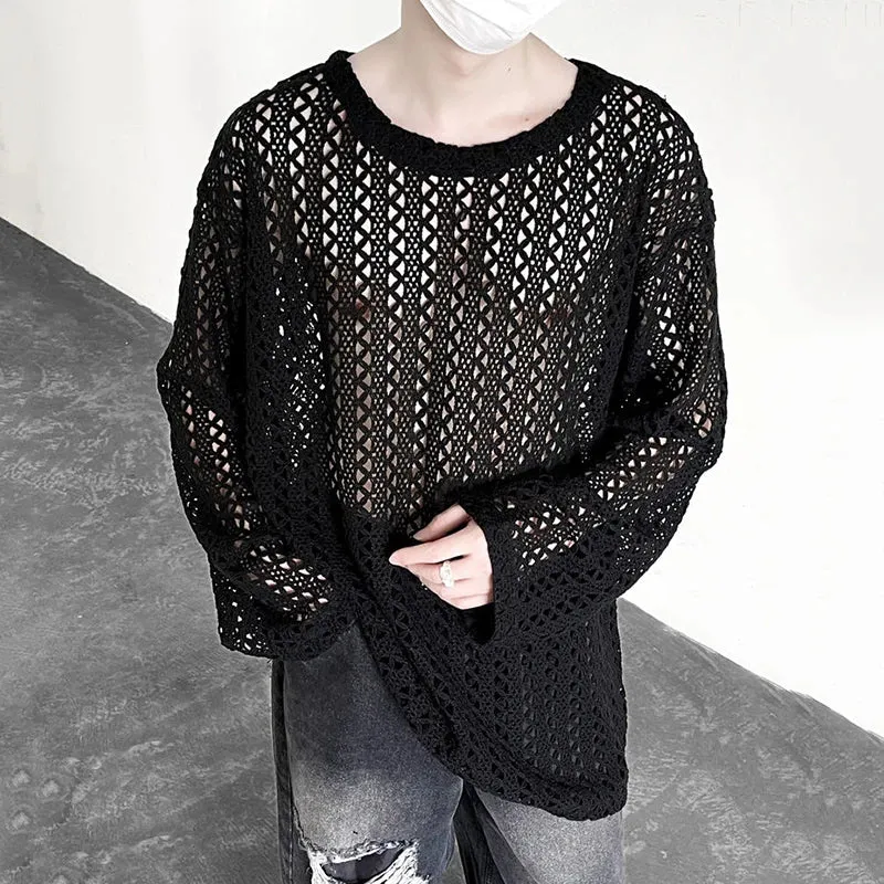 Male T-shirt Casual Round Collar Hollow Out Design Solid Color Loose Men's Long Sleeve Tops Personality Spring 9C4952