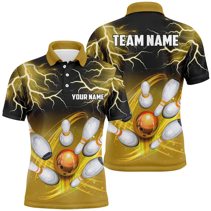 Mens Long Sleeve Polo Bowling Shirt Custom Black Yellow Bowling Lightning Thunder Team Bowling League Jerseys