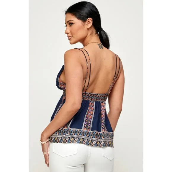 Navy Bohemian Border Floral Print Smocked Casual Cami Tank Top Women's