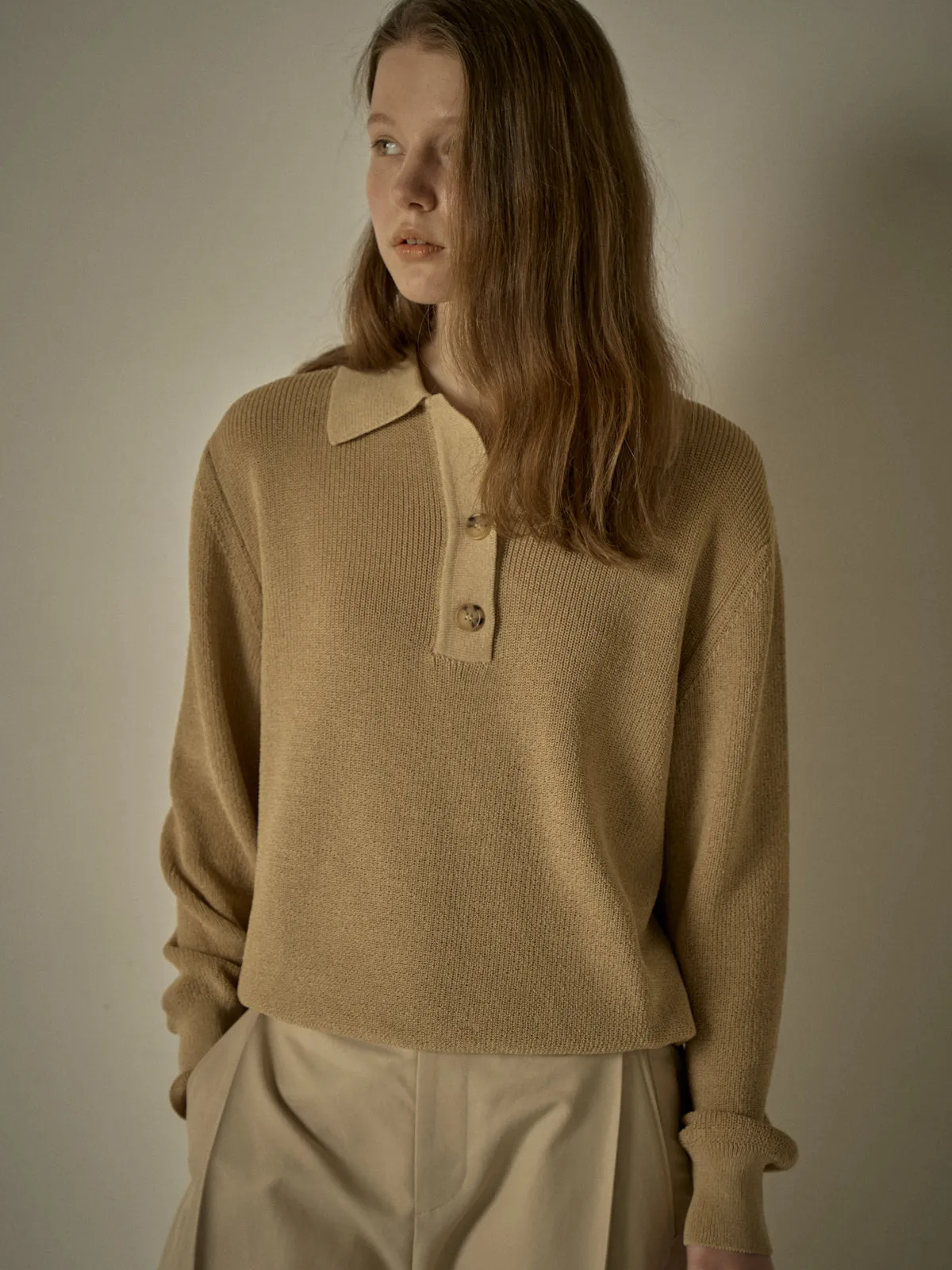 Open Collar Polo Shirt - Sand Beige