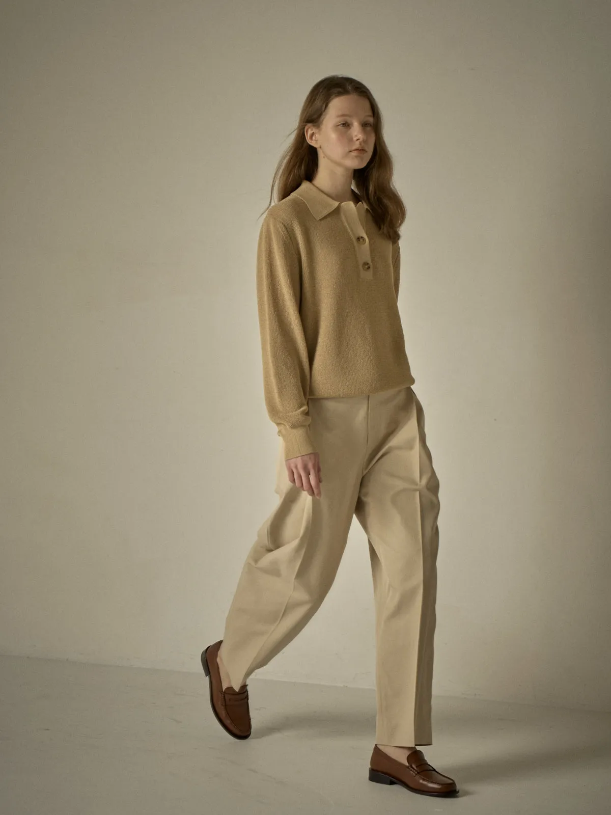 Open Collar Polo Shirt - Sand Beige