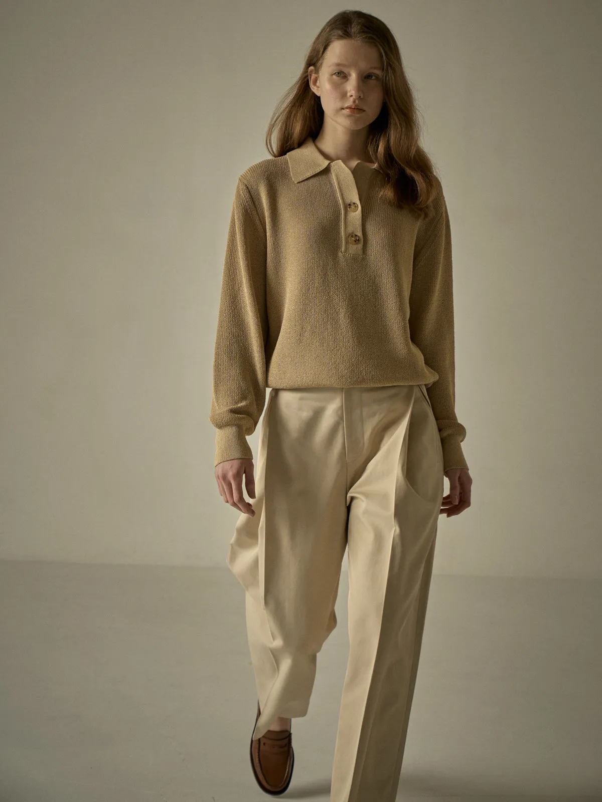 Open Collar Polo Shirt - Sand Beige