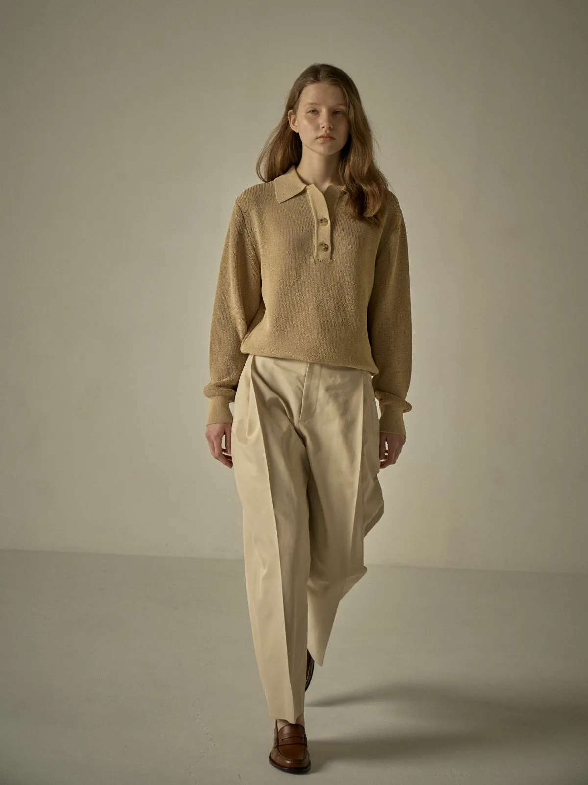 Open Collar Polo Shirt - Sand Beige