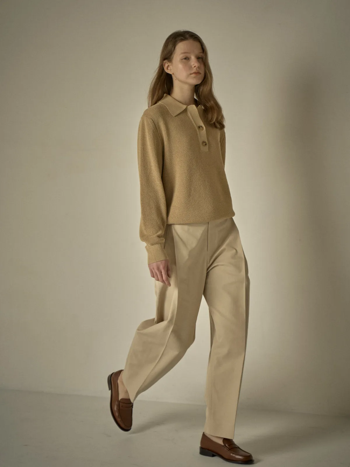 Open Collar Polo Shirt - Sand Beige