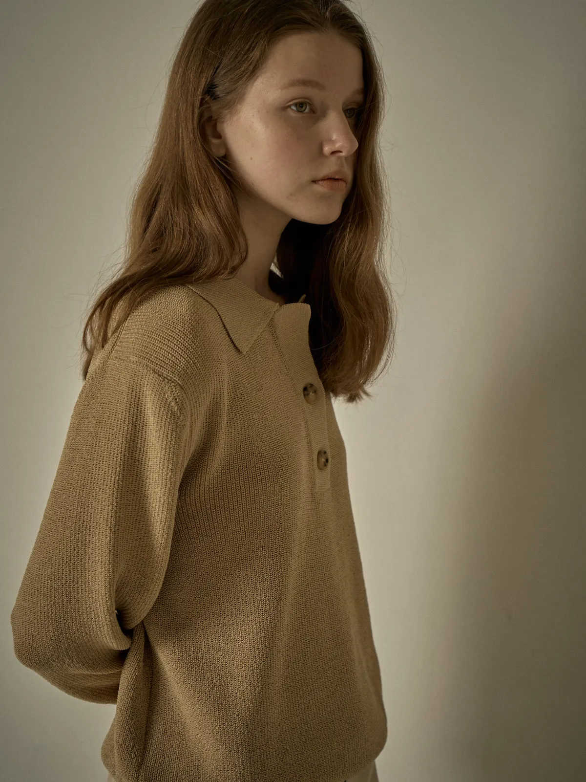 Open Collar Polo Shirt - Sand Beige