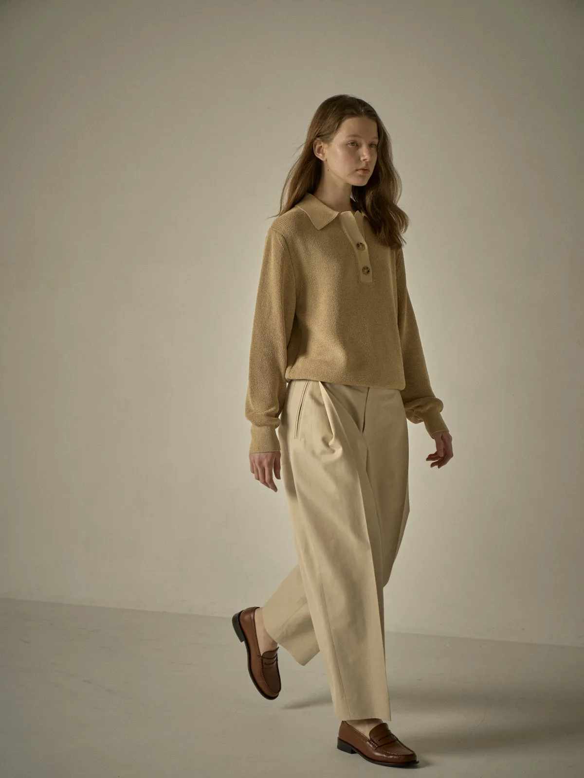 Open Collar Polo Shirt - Sand Beige