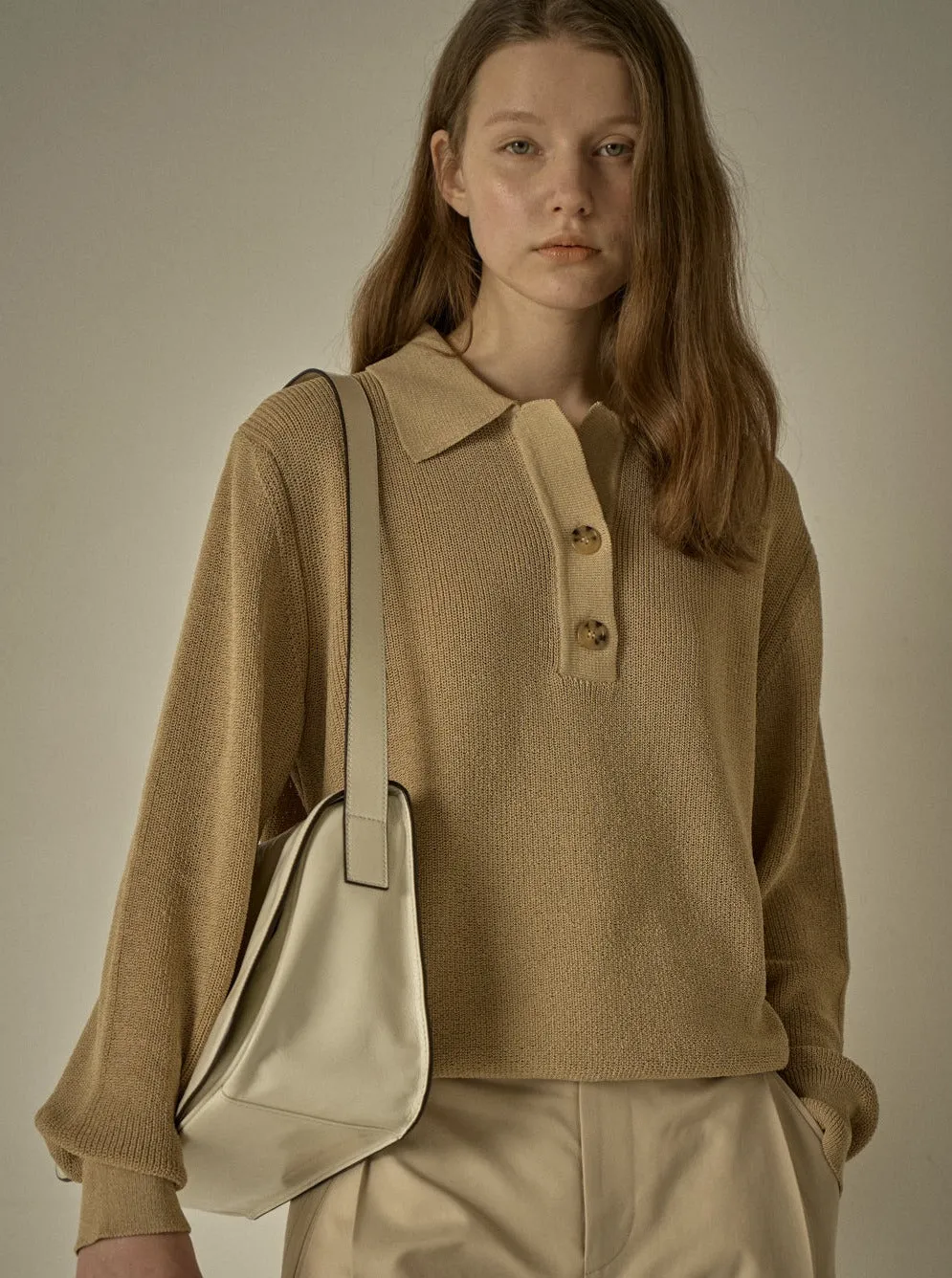 Open Collar Polo Shirt - Sand Beige