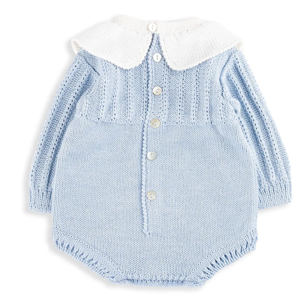 Powder Blue Cotton Knit Romper with White Collar