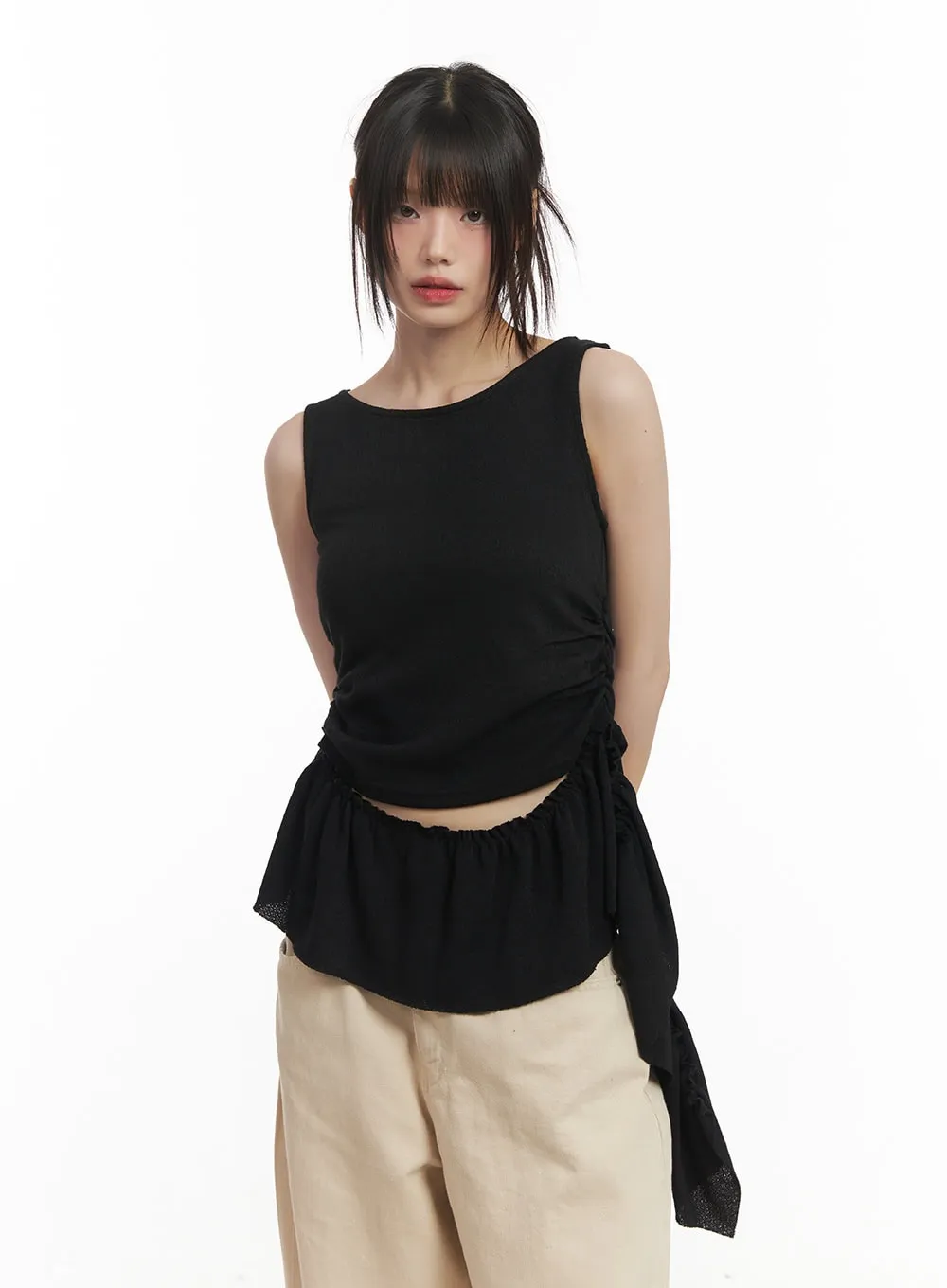 Ruffle Shirred Asymmetric Tank Top CF519