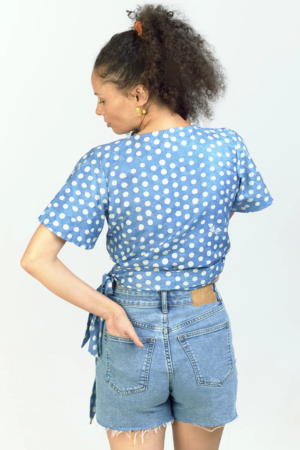 Short Sleeve Wrap Top - Polka Blue