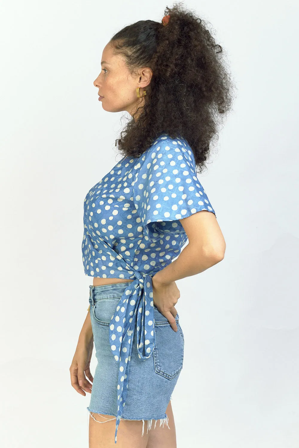 Short Sleeve Wrap Top - Polka Blue