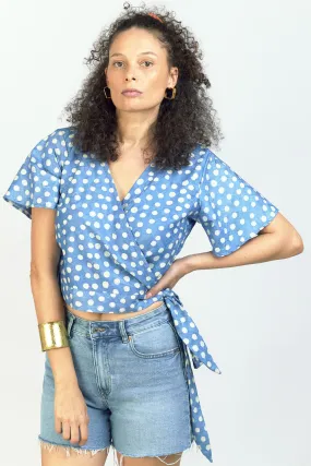 Short Sleeve Wrap Top - Polka Blue