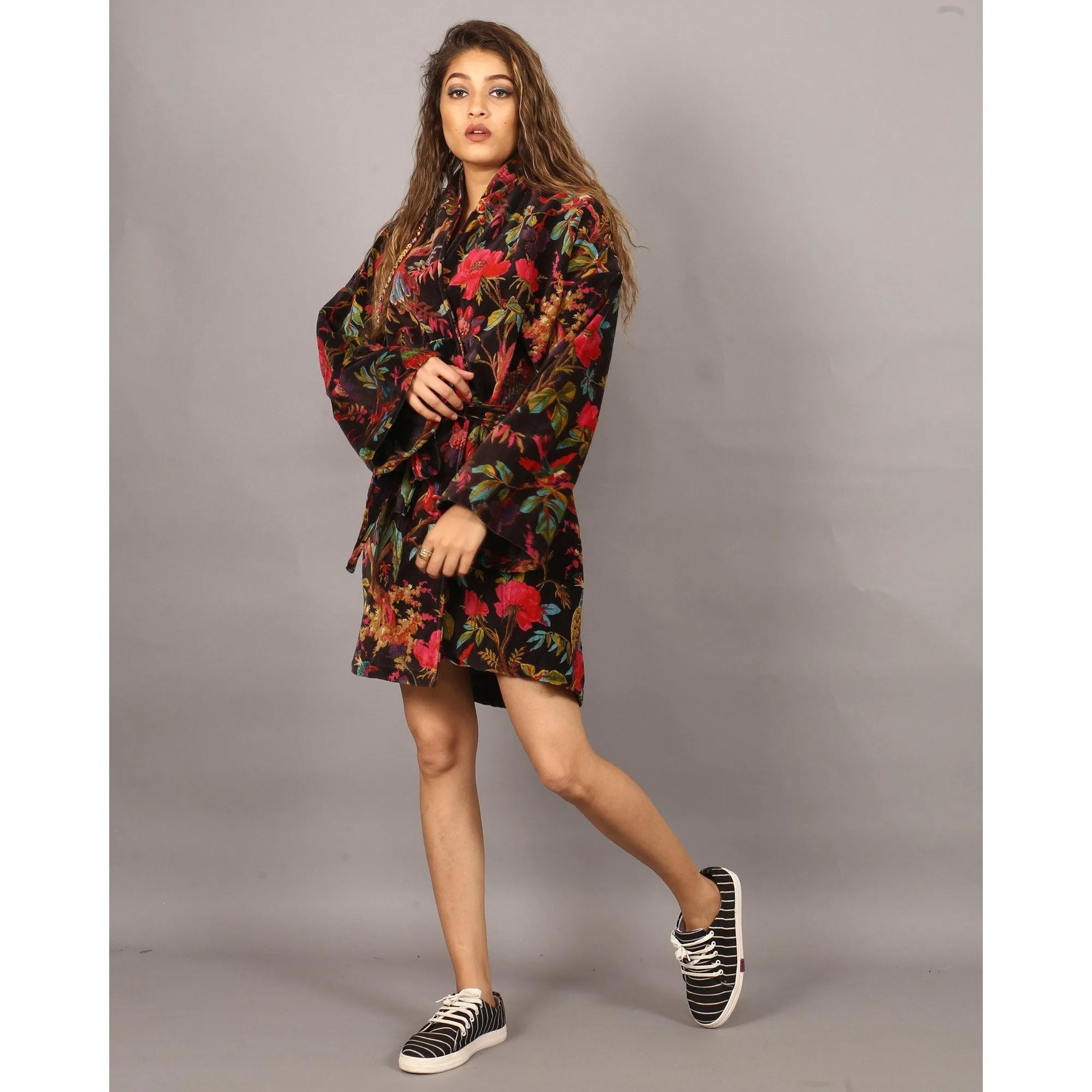 Short Velvet Kimono/ Jacket-Birds of Paradise Black
