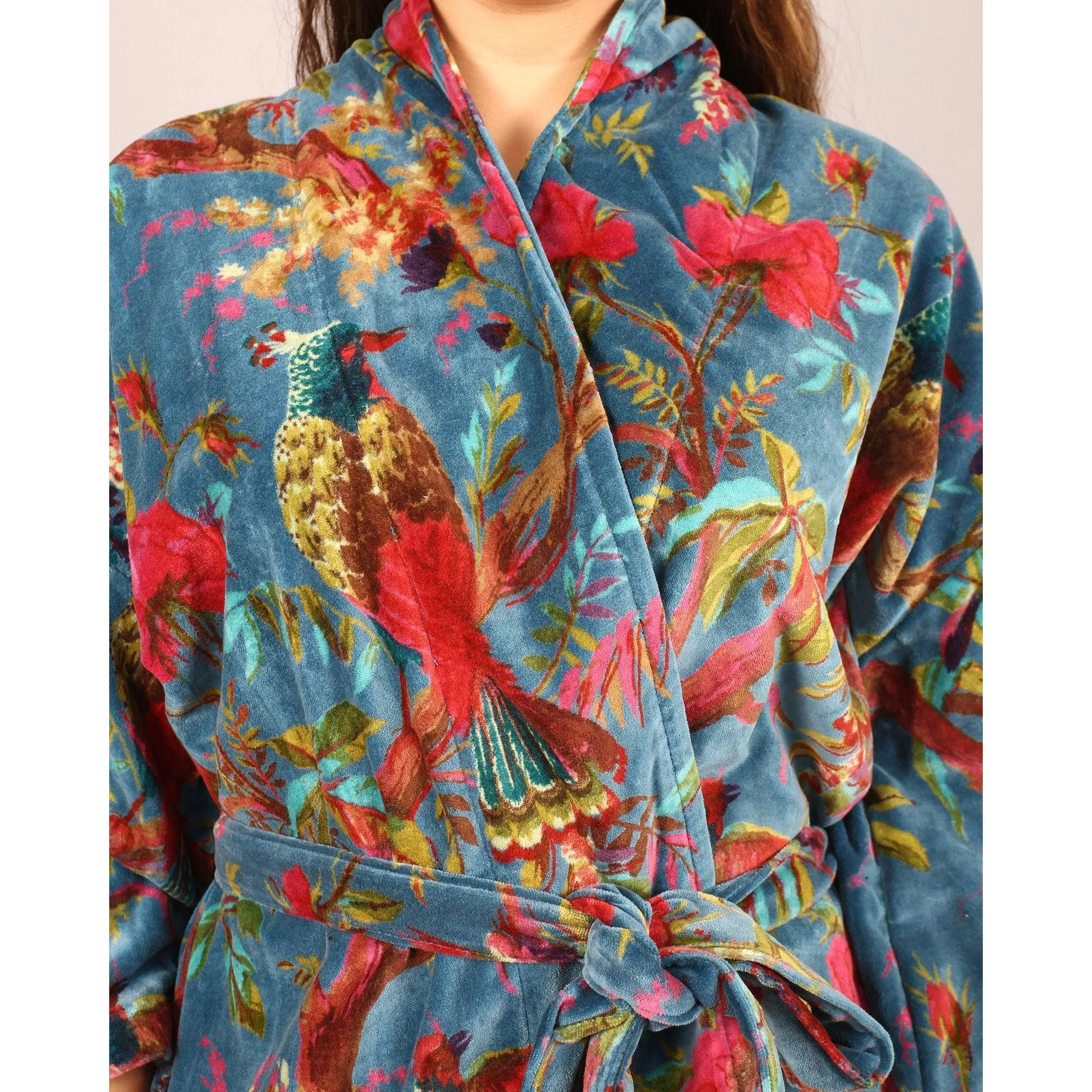Short Velvet Kimono/ Jacket-Birds of Paradise Blue