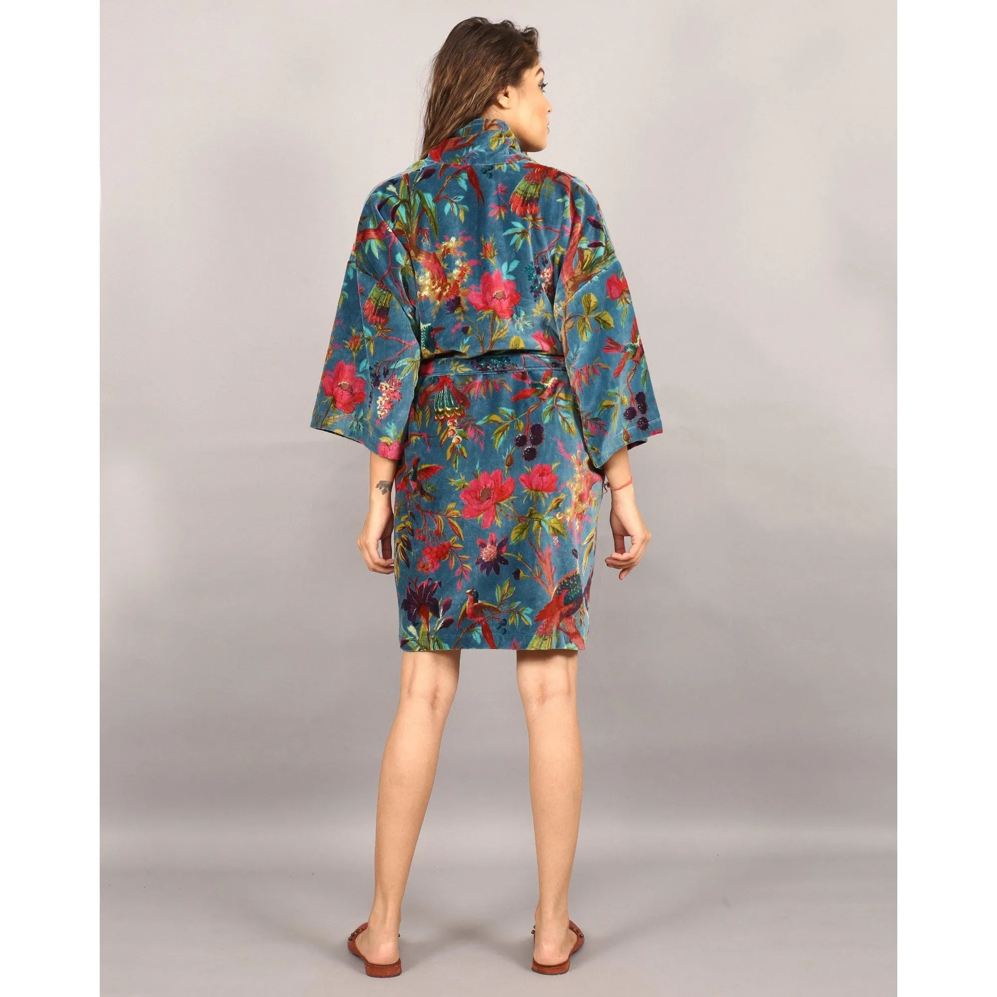 Short Velvet Kimono/ Jacket-Birds of Paradise Blue