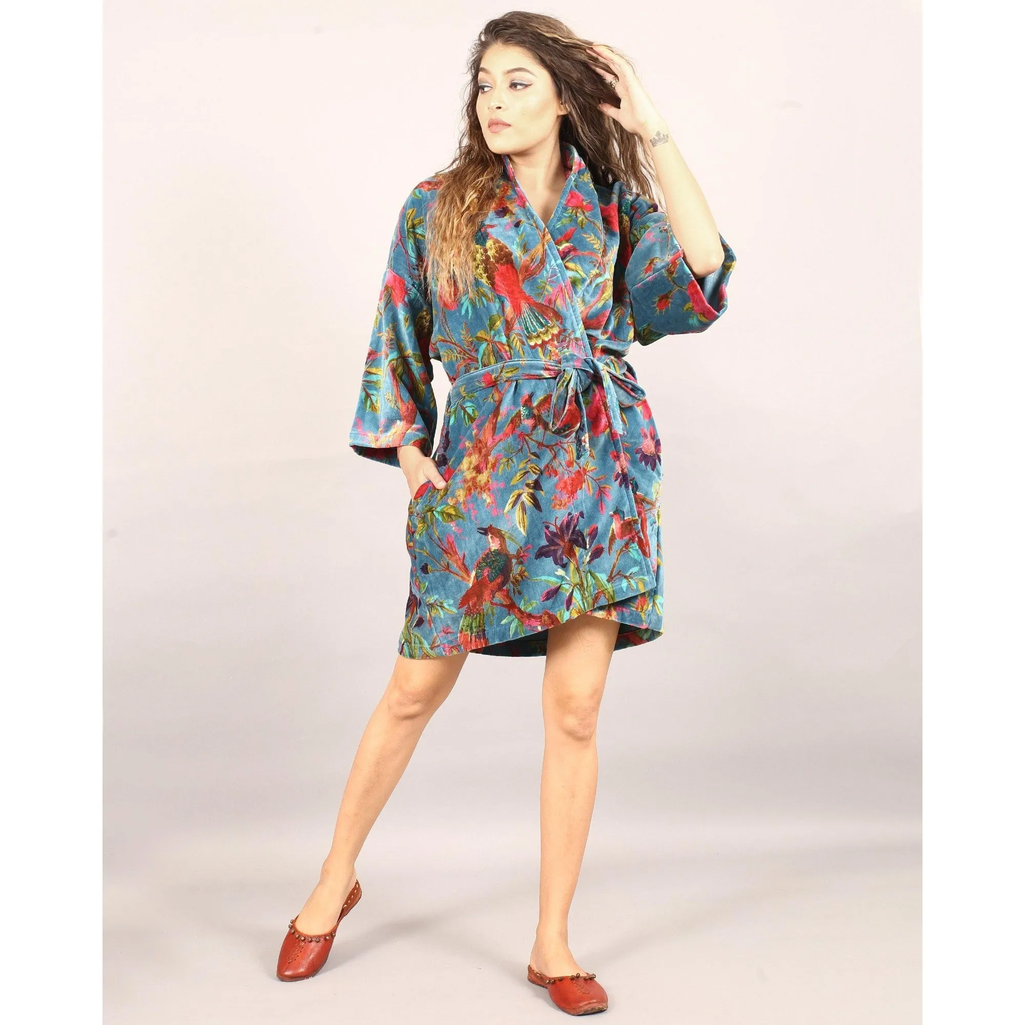 Short Velvet Kimono/ Jacket-Birds of Paradise Blue