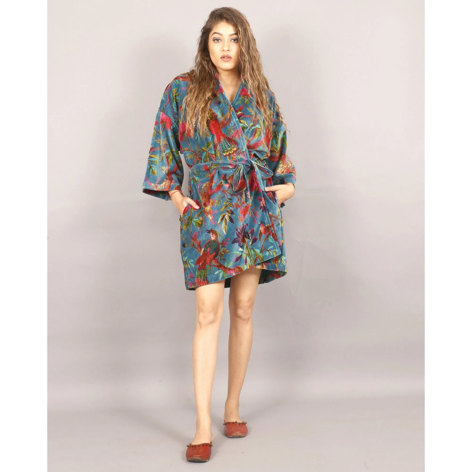 Short Velvet Kimono/ Jacket-Birds of Paradise Blue