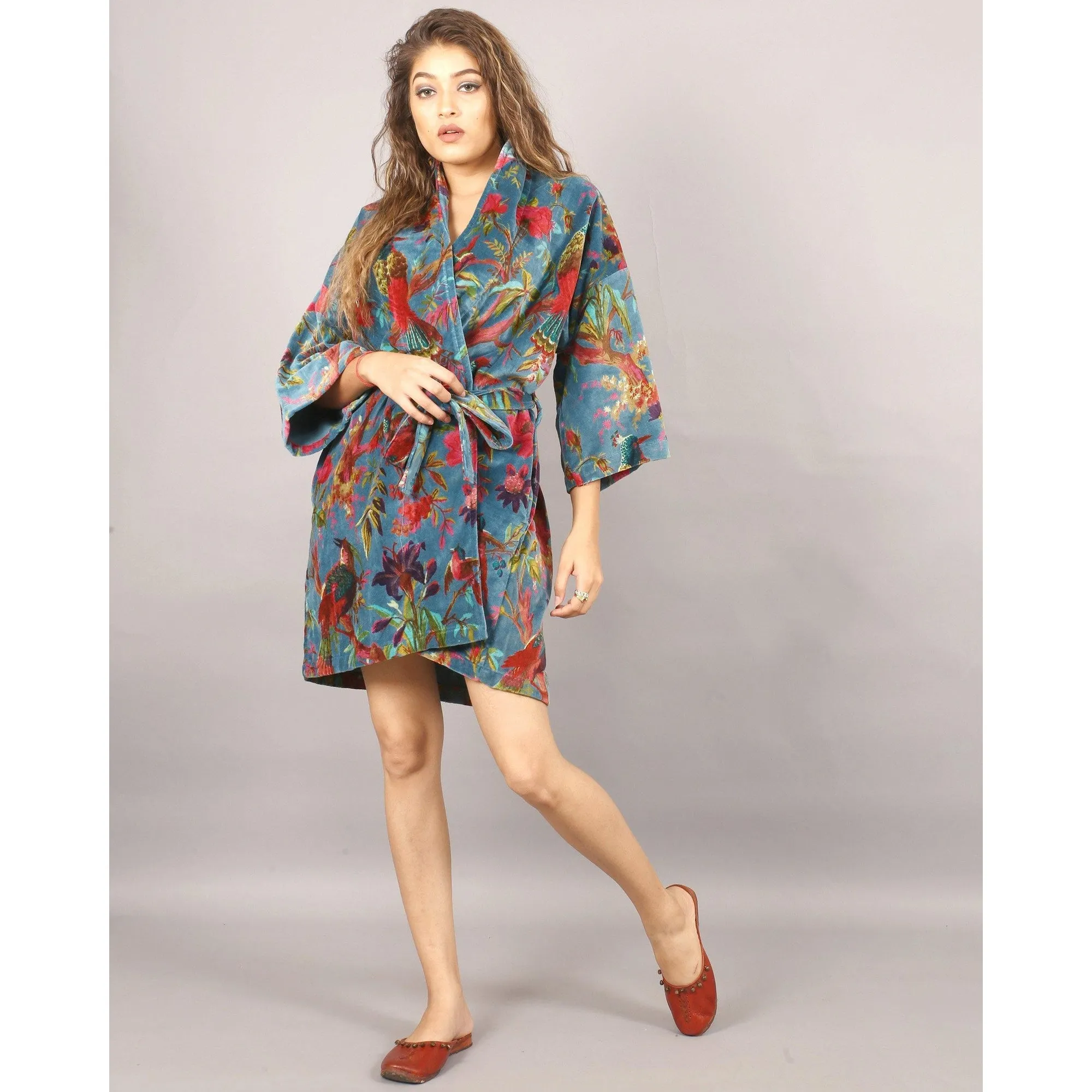 Short Velvet Kimono/ Jacket-Birds of Paradise Blue