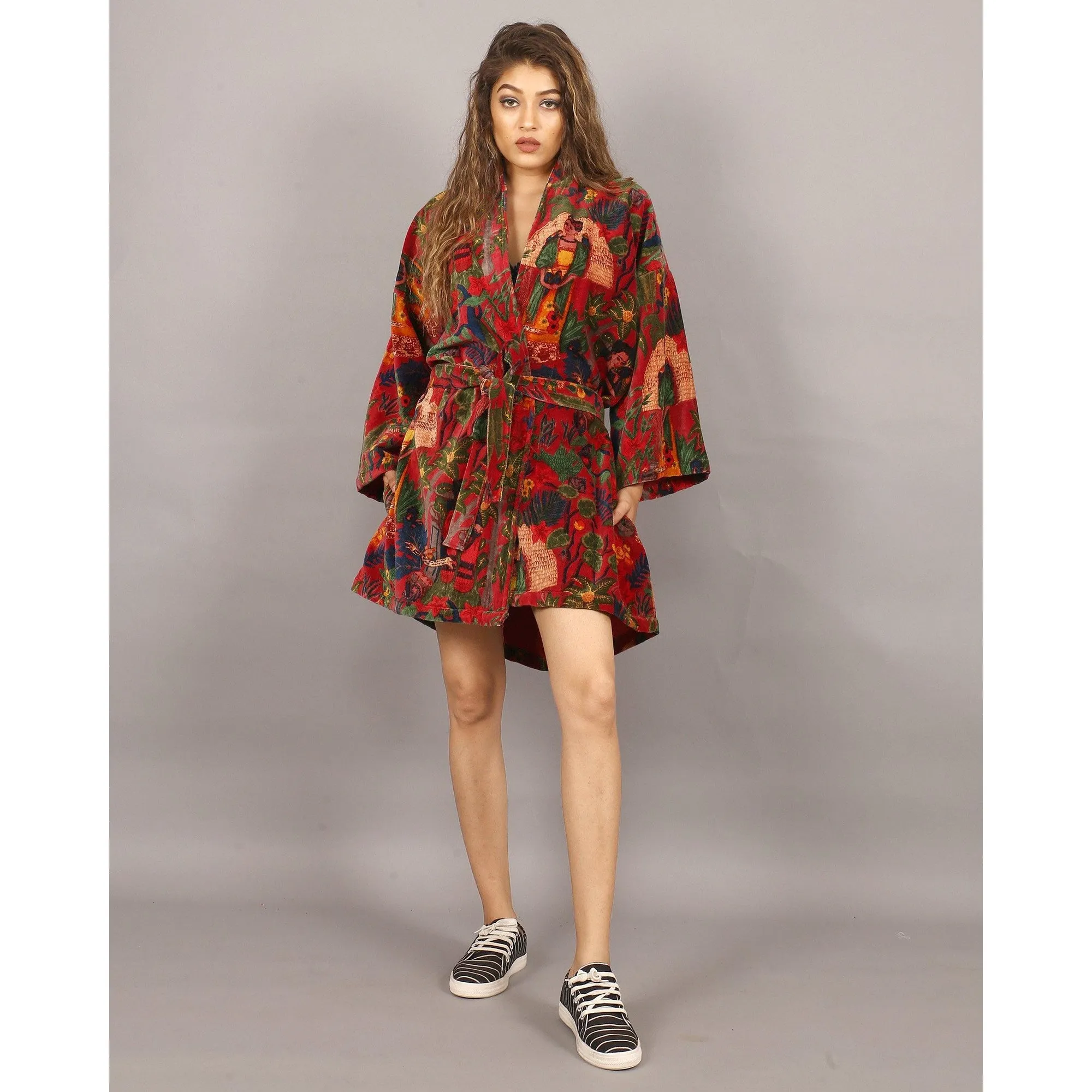 Short Velvet Kimono/ Jacket-Frida Kahlo print -Red