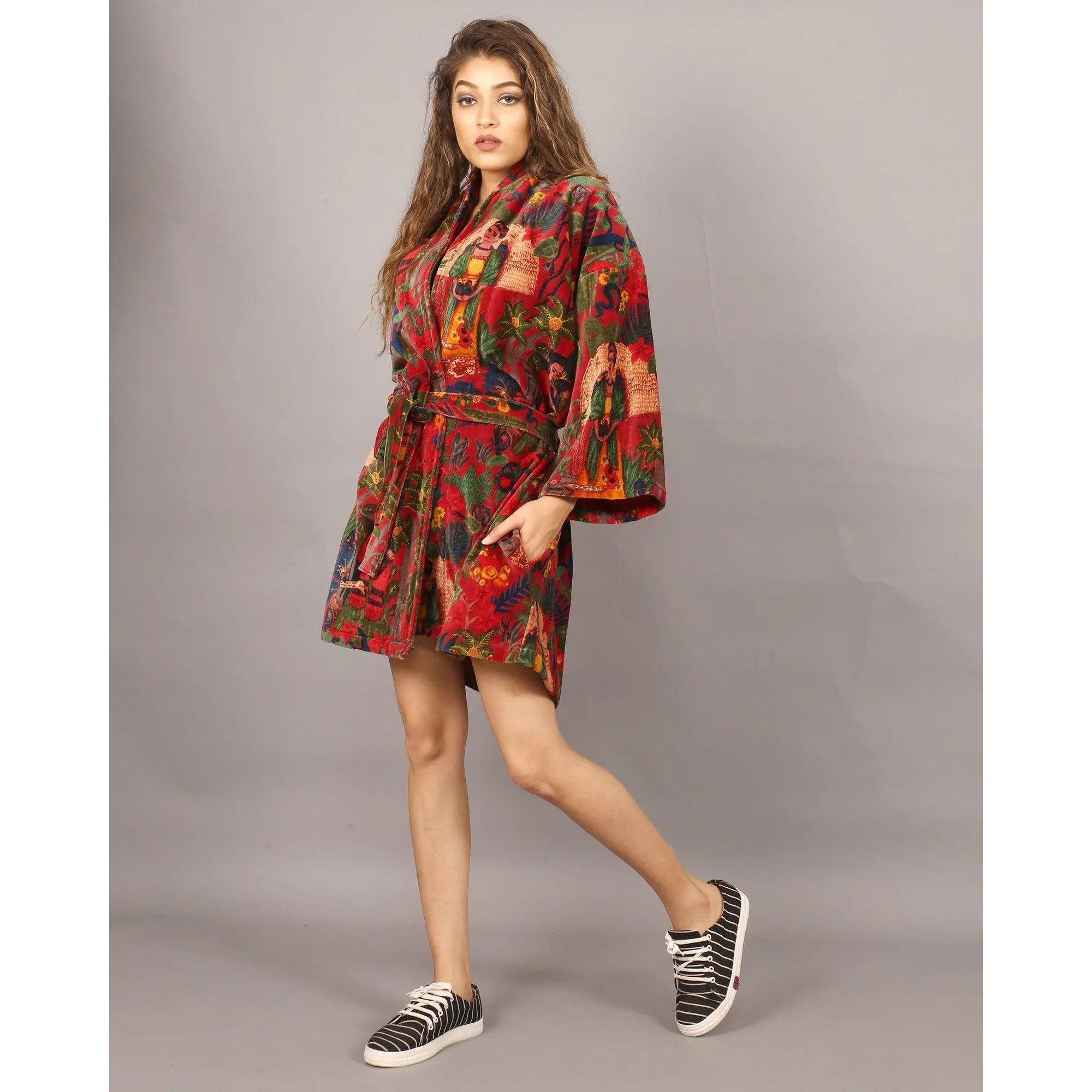 Short Velvet Kimono/ Jacket-Frida Kahlo print -Red