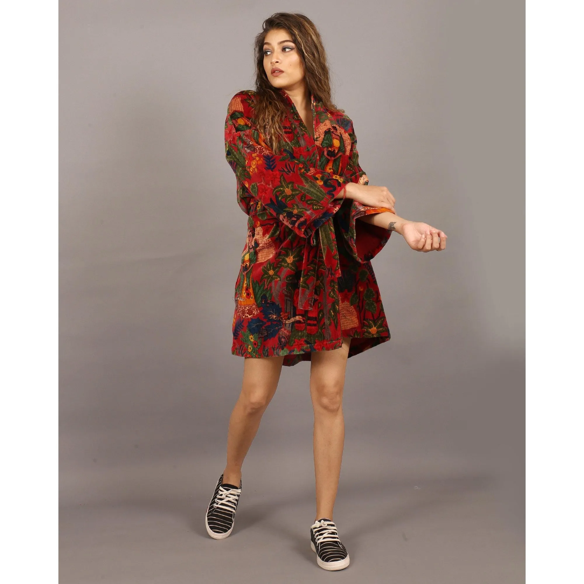 Short Velvet Kimono/ Jacket-Frida Kahlo print -Red
