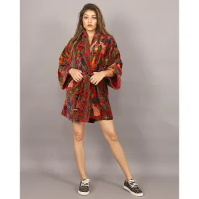 Short Velvet Kimono/ Jacket-Frida Kahlo print -Red