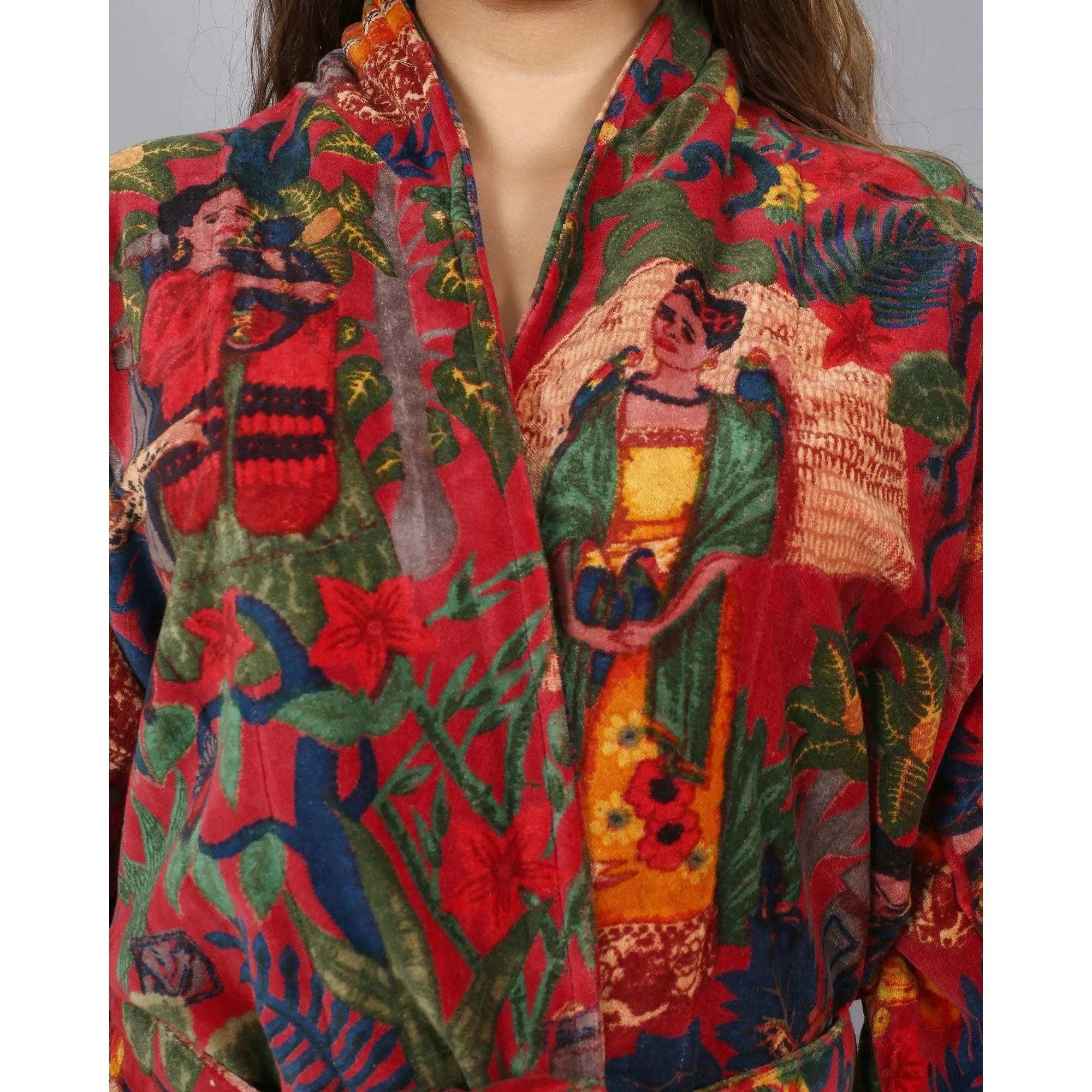 Short Velvet Kimono/ Jacket-Frida Kahlo print -Red