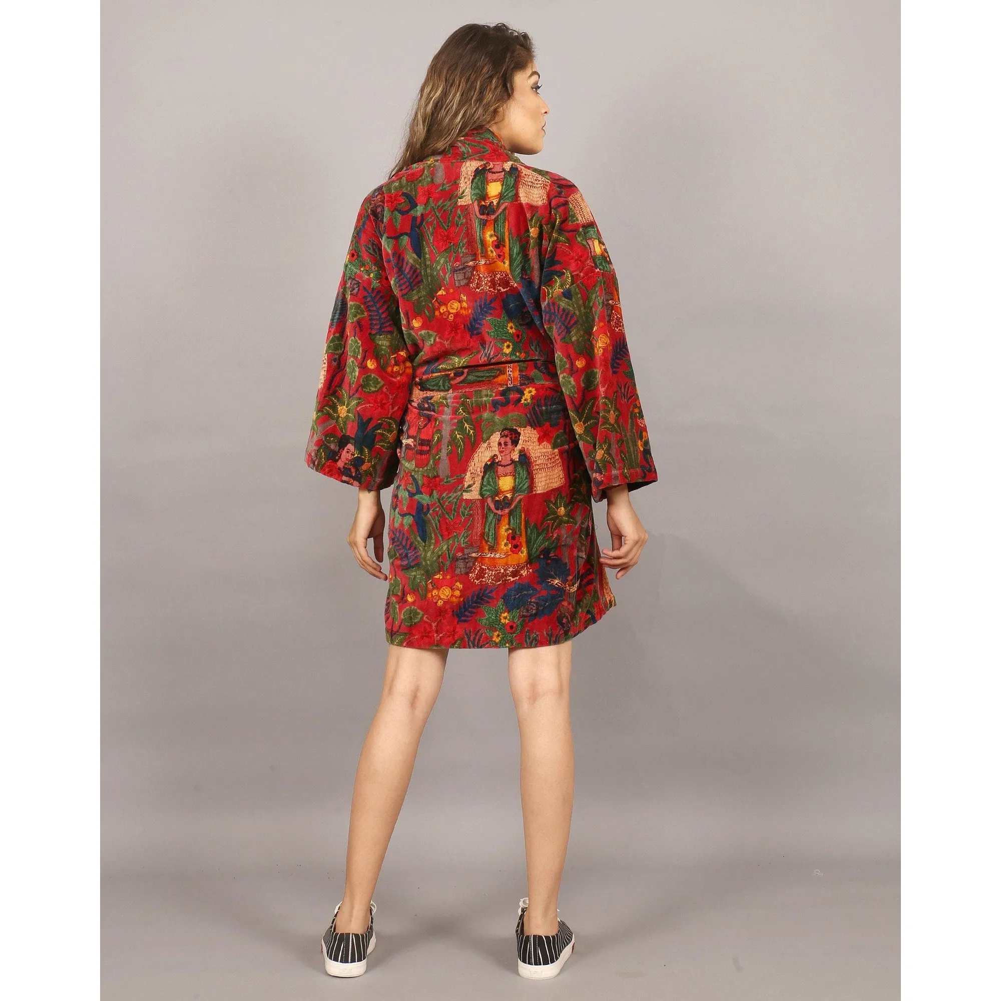 Short Velvet Kimono/ Jacket-Frida Kahlo print -Red