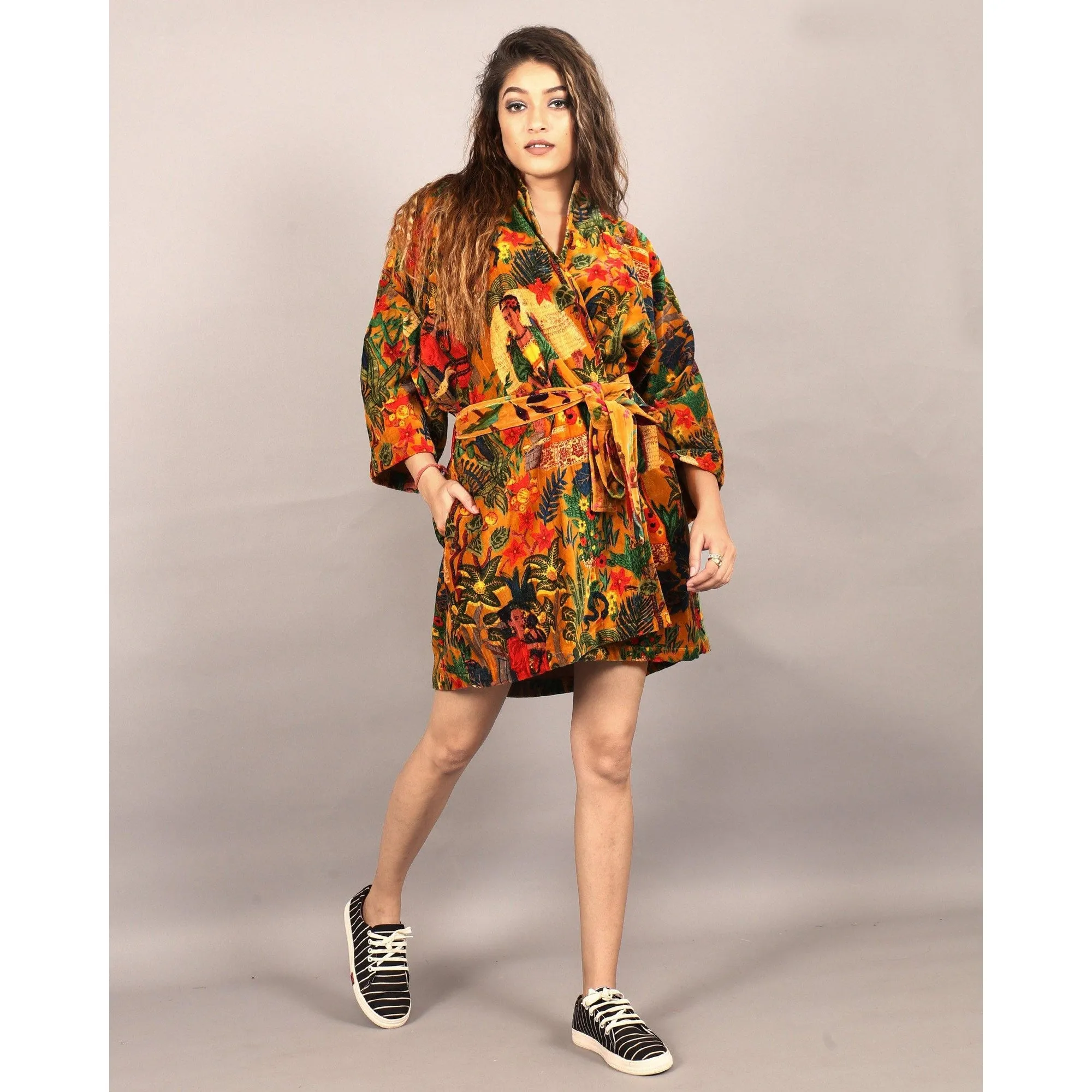 Short Velvet Kimono/ Jacket Frida Kahlo print -yellow