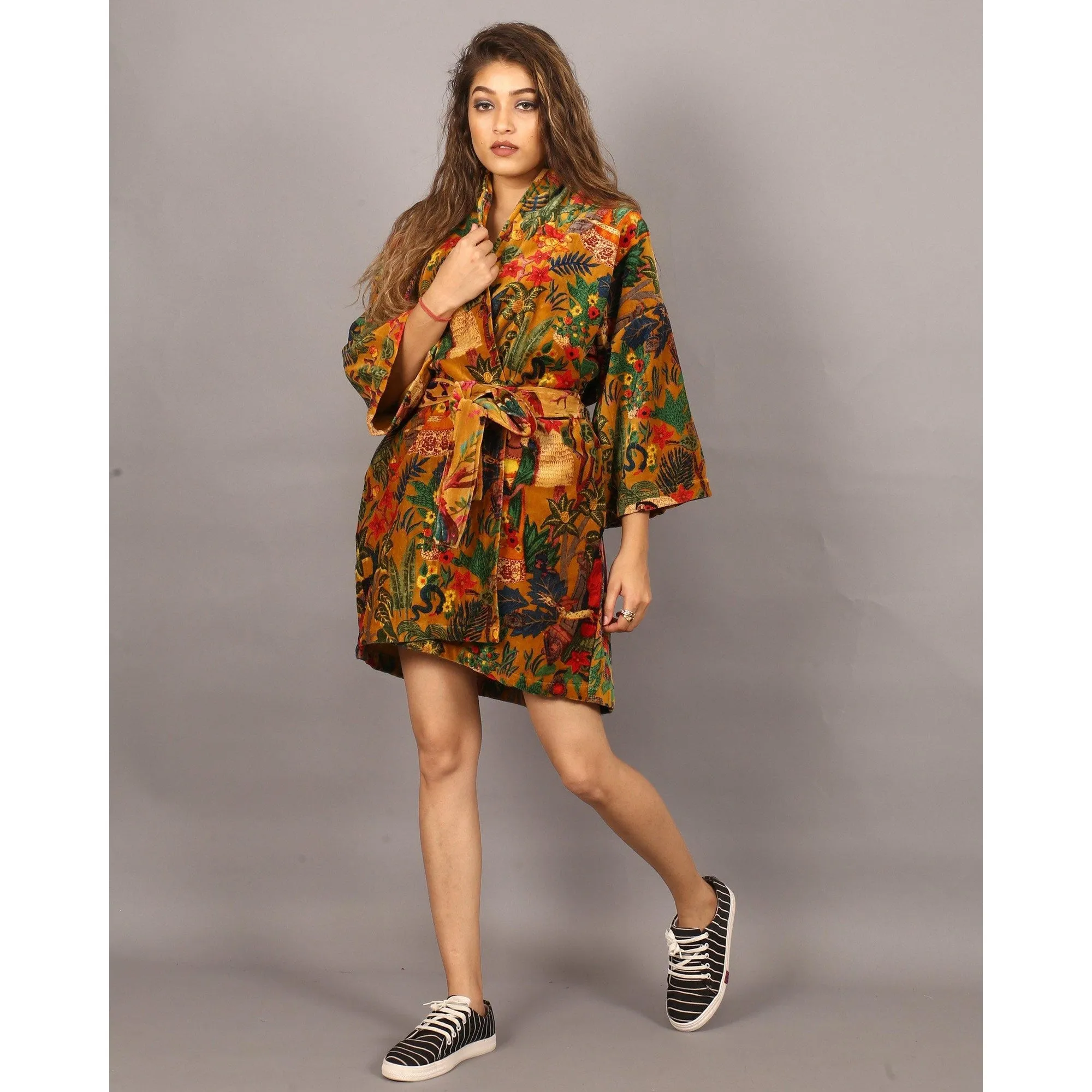 Short Velvet Kimono/ Jacket Frida Kahlo print -yellow