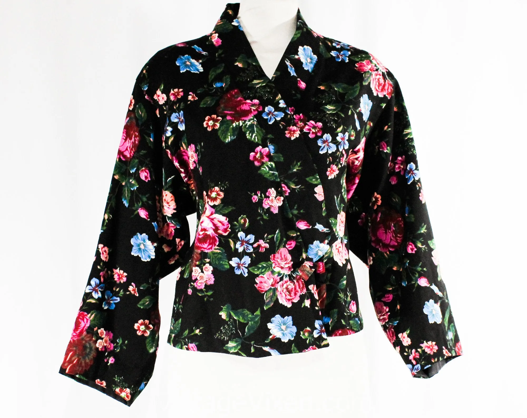 Size 14 Kenzo Paris Jacket - 1980s 90s Designer Asian Wrap Chic - Spring Floral Wool Burgundy Turquoise Pink Black - Retro 1990s - Bust 40.5