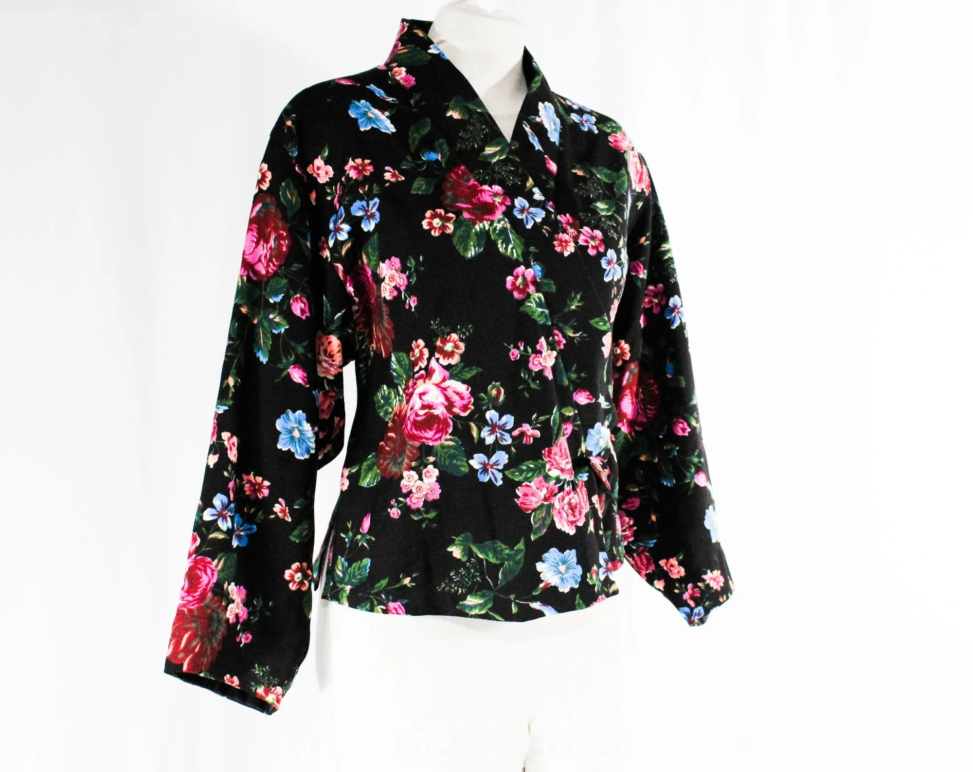 Size 14 Kenzo Paris Jacket - 1980s 90s Designer Asian Wrap Chic - Spring Floral Wool Burgundy Turquoise Pink Black - Retro 1990s - Bust 40.5