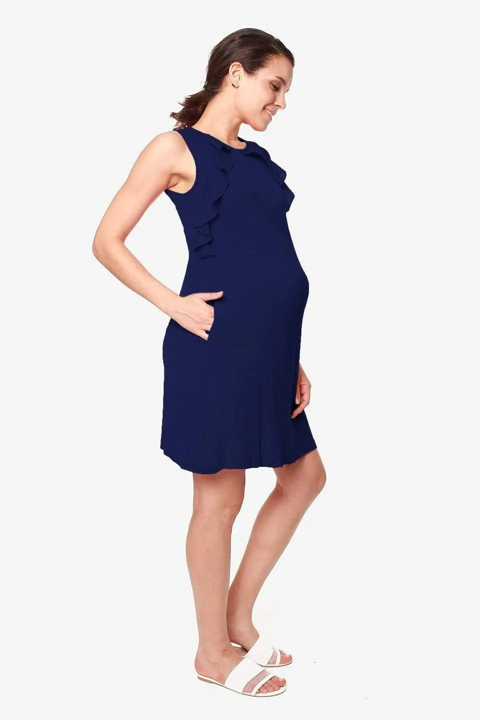 Sleeveless Calida Frills Bamboo Cotton Nursing Dress Navy