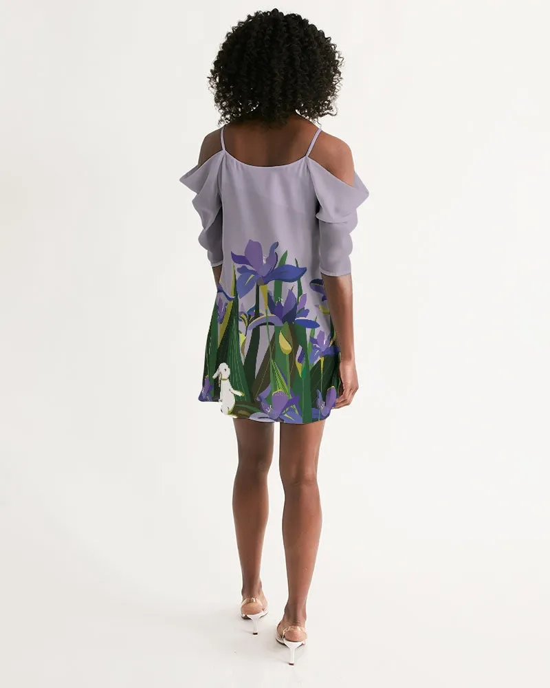 SMF Bunny and Flowers Feminine Open Shoulder A-Line Dress