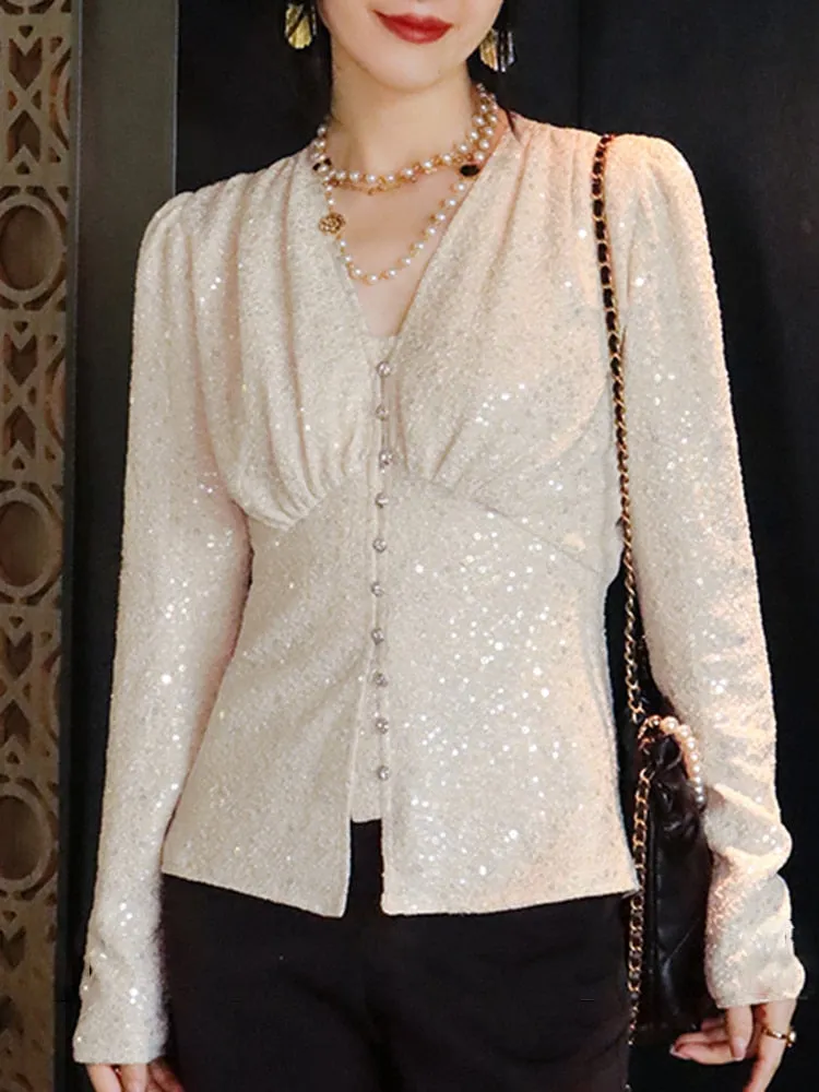 Solid Patchwork Sequins Elegant Temperament Tops For Women V Neck Long Sleeve Spliced Single Breasted Top Female